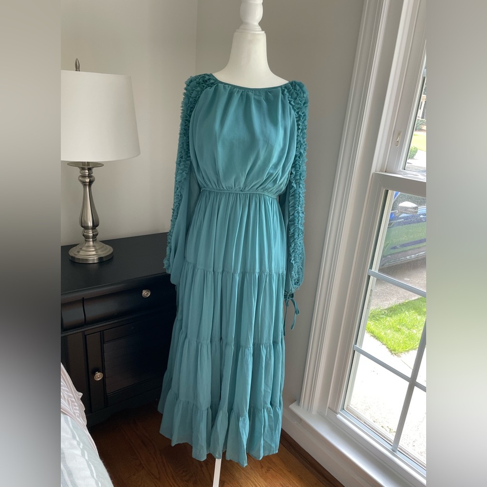 NWOT Teal Tiered Maxi Dress with Ruffled Sleeves